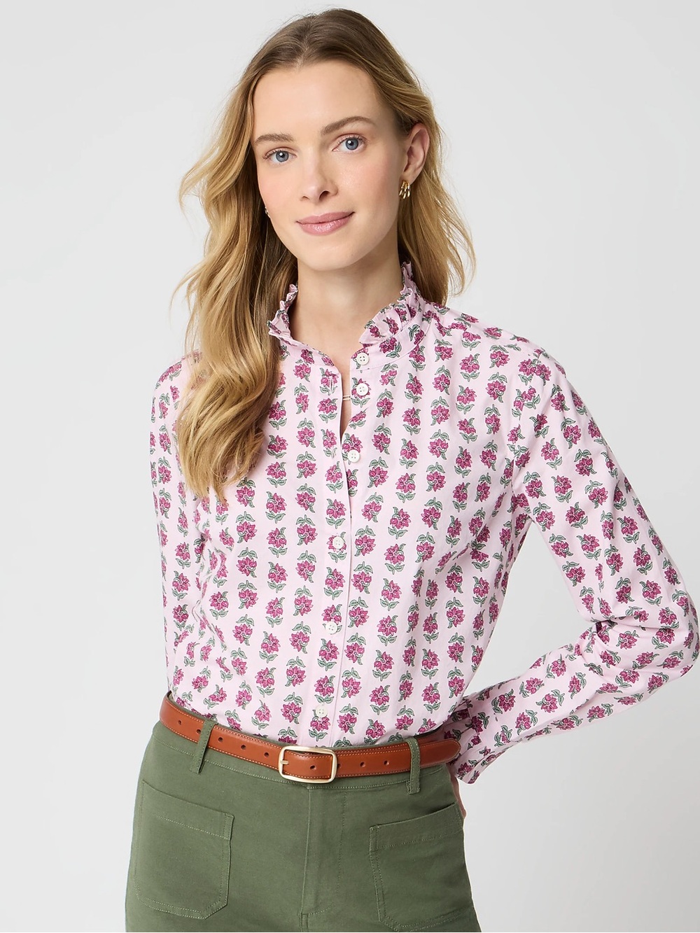J.Crew cotton pink floral pattern ruffle fitted long sleeve button up shirt XS